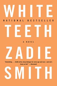 Cover of "White Teeth" by Zadie Smith, stating it's a national bestseller. orange background with white text.