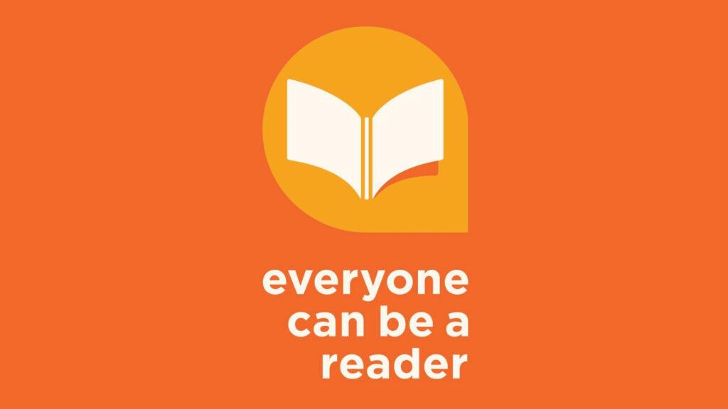 An open book icon above the text "everyone can be a reader" on an orange background.