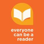An open book icon above the text "everyone can be a reader" on an orange background.