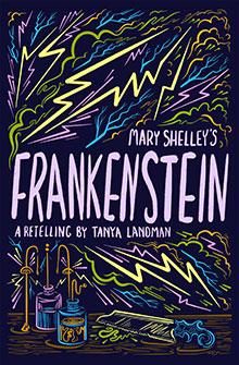 Book cover for "Mary Shelley's Frankenstein" with neon lightning bolts and lab equipment illustrations.