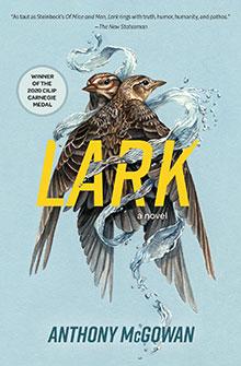 Two larks flying together with water swirling around them; yellow "LARK" text overlays the image.