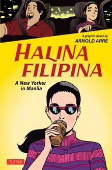 Book cover of "Halina Filipina" by Arnold Arre, featuring a woman drinking coffee and two people in a car at night.