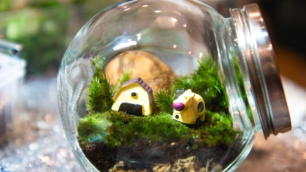 Terrarium with a small dog figurine and yellow doghouse on green moss inside a glass jar with a metal lid.