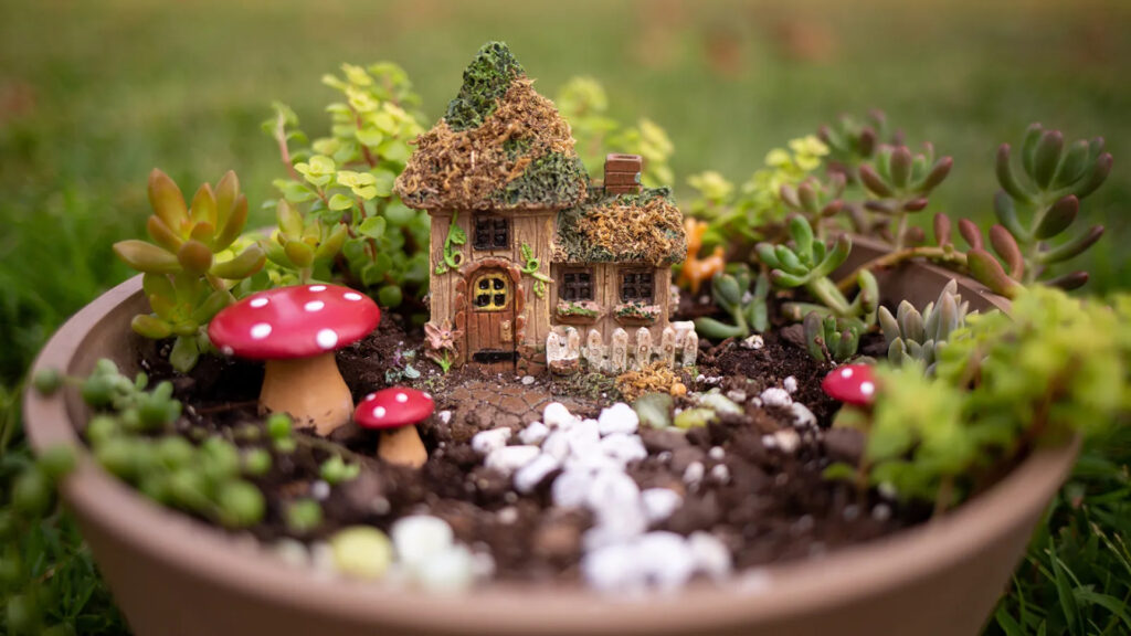 Miniature fairy house and red mushrooms in a pot surrounded by green succulents and white pebbles.