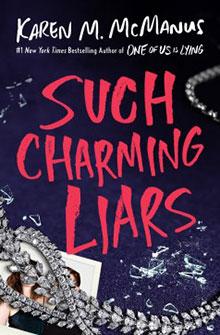 Book cover of "Such Charming Liars" by Karen M. McManus, featuring a broken necklace and a torn photograph.