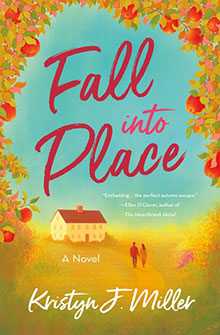 Book cover with “Fall into Place” text, a white house, autumn trees, and two people walking on a path.