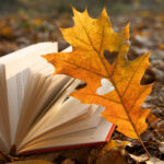 Open book on autumn leaves with a yellow leaf featuring a heart-shaped hole in the center.