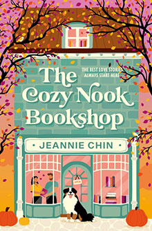 Illustration of a bookshop in autumn, with a dog at the door, pumpkins, and two people inside reading.