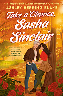A couple embraces in a sunlit rose garden with the title “Take a Chance, Sasha Sinclair” above them.