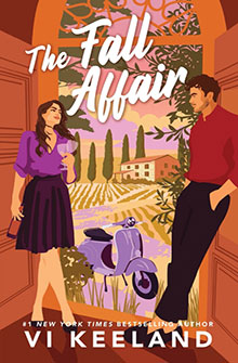 Woman holding wine and man leaning on scooter, standing in an archway, vineyard and villa in the background.