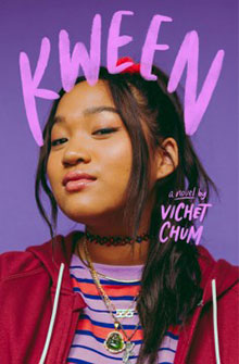 Book cover of "Kween" by Vichet Chum featuring a confident young woman in a red jacket and striped shirt against a purple background.