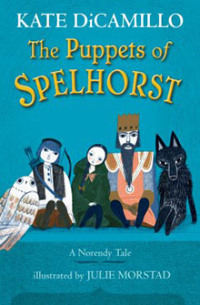 Cover of "The Puppets of Spelhorst" by Kate DiCamillo, featuring illustrated puppets against a blue background.