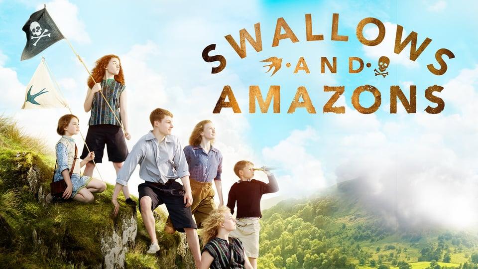 Group of children on a hill with a flag, looking out. "Swallows and Amazons" title in the sky.