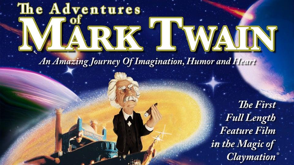 Claymation figure of Mark Twain on a celestial background with cosmic elements and text about his adventures.