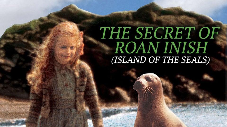 Young girl with a seal on a beach, movie title "The Secret of Roan Inish" above in green text.