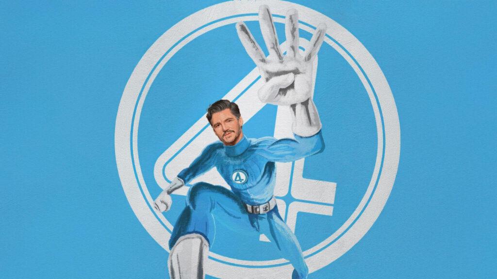 A superhero in a blue suit with a "4" symbol raises a large hand, standing before a Fantastic Four logo.