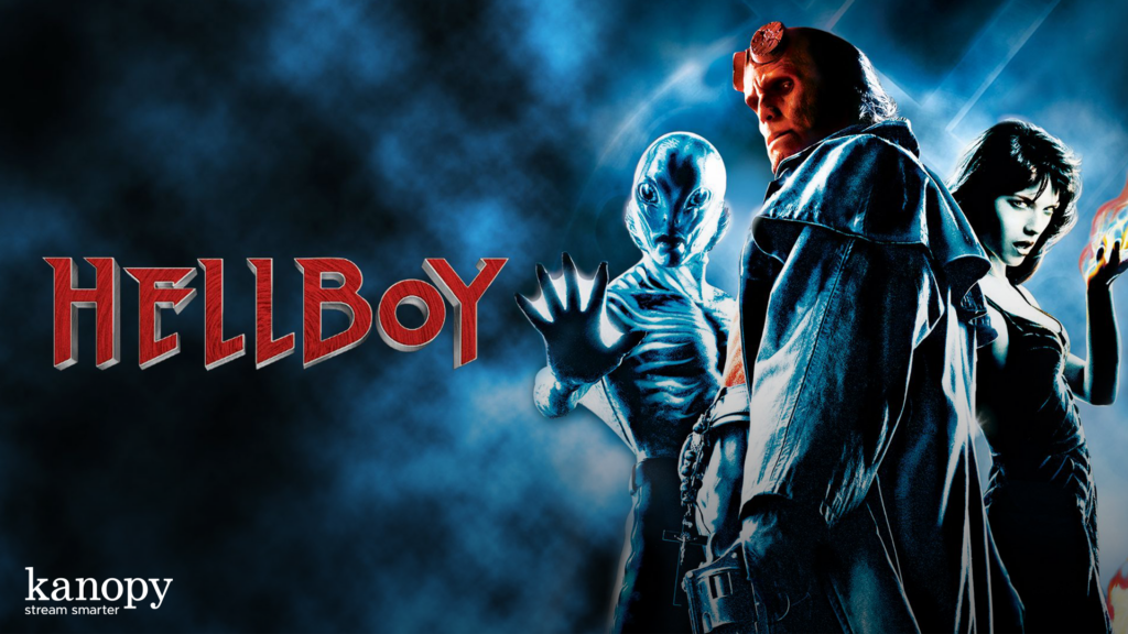 Three supernatural characters stand under blue light with "Hellboy" title beside them; Kanopy logo in corner.