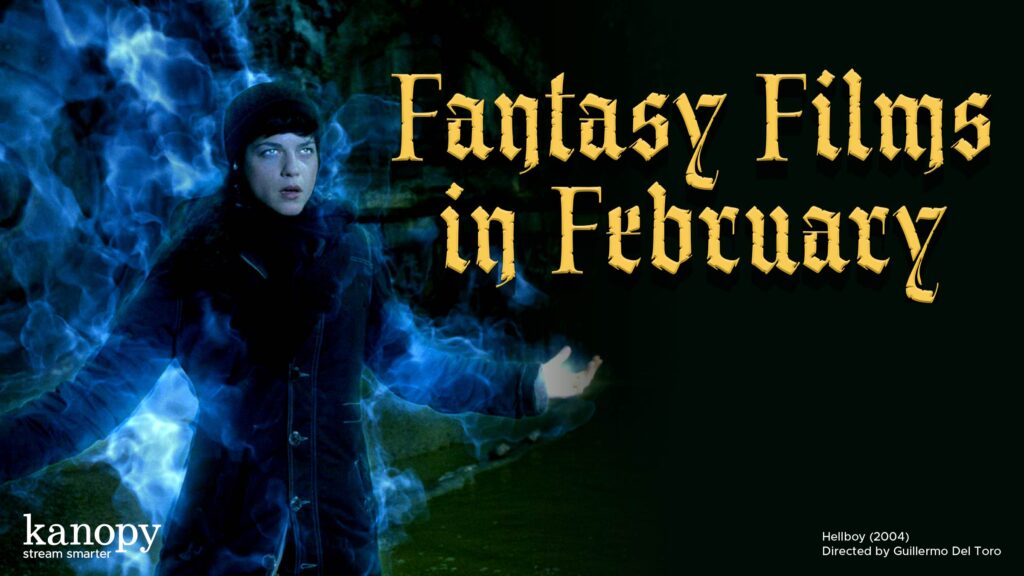 A person surrounded by blue magical energy with the text "Fantasy Films in February" on a dark background.