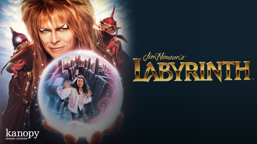 A fantasy character holds a crystal ball with a city and a girl inside, next to the "Labyrinth" movie title.