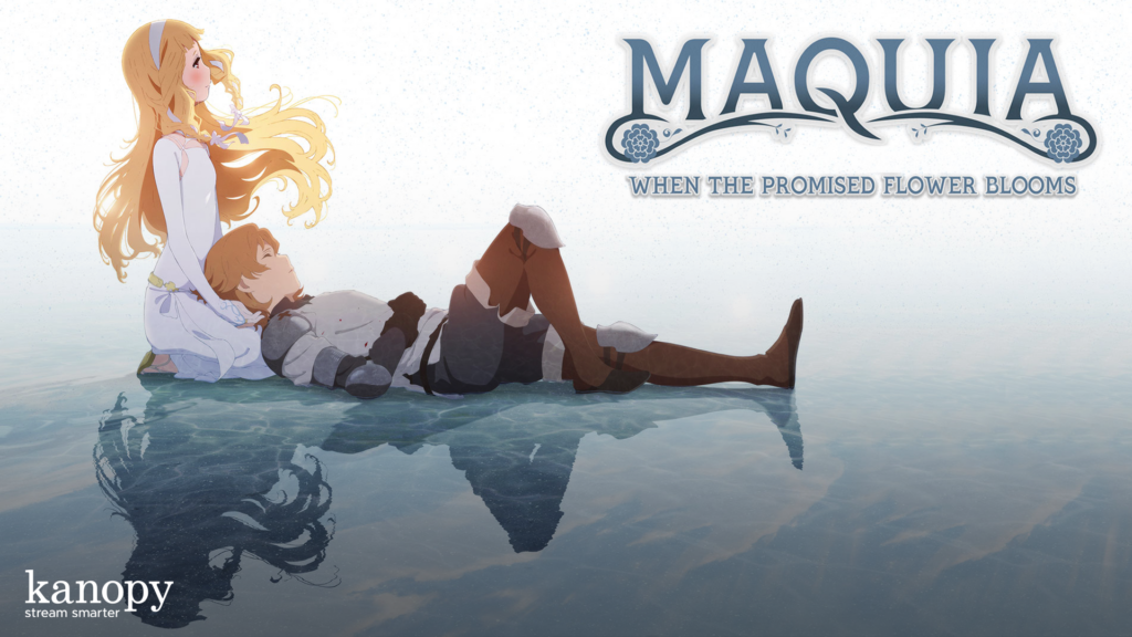 Two anime characters sit on water, one upright and one lying down, with the title "Maquia: When the Promised Flower Blooms.