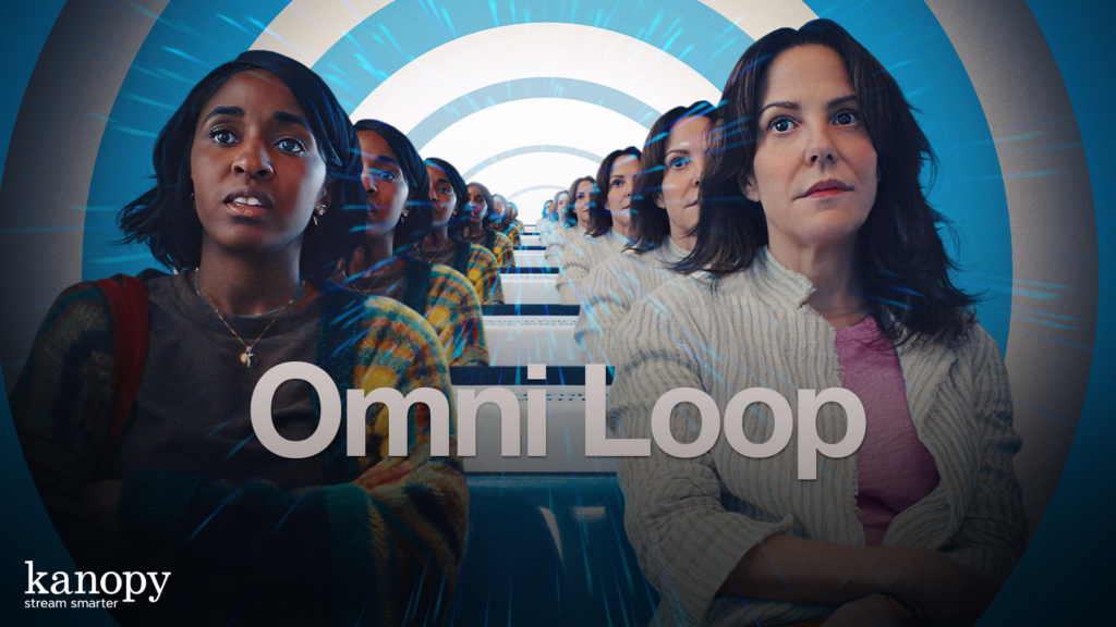 Two women sit among many duplicates of themselves under a blue and white arched tunnel. Text reads: "Omni Loop".