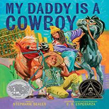 A joyful child and a man in cowboy attire ride horses through a colorful city street, smiling brightly.