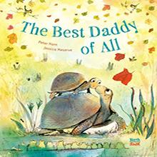 Two turtles nuzzle under falling leaves on the cover of "The Best Daddy of All" children’s book.
