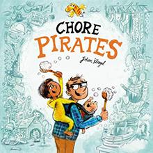 Illustration of a dad with two kids doing chores, surrounded by playful, pirate-themed doodles.