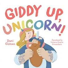 A woman with a unicorn headband hugs a bearded man with a toy horn, under the title "Giddy Up, Unicorn!.