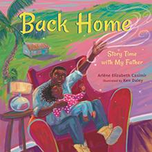 A father reads to his daughter on a red chair, with a colorful house and palm tree in the background.