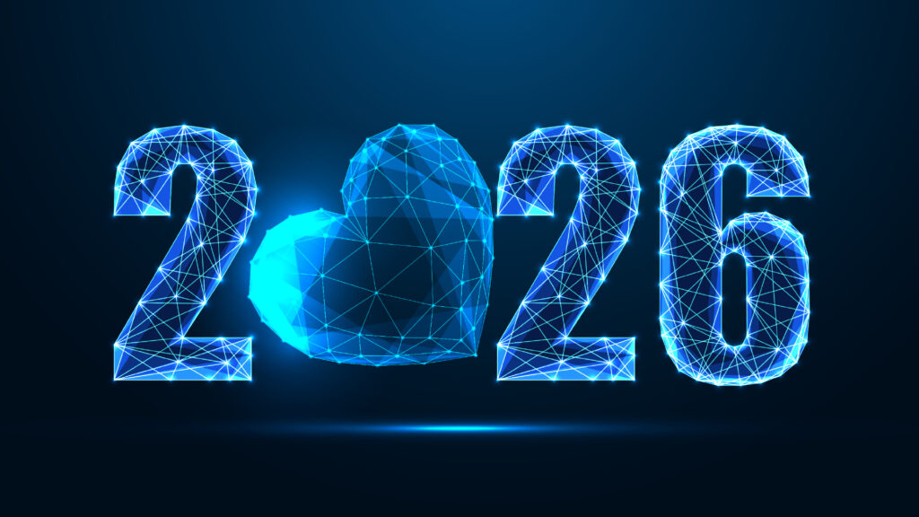2026 written in a glowing blue geometric style, with a heart shape forming the zero.