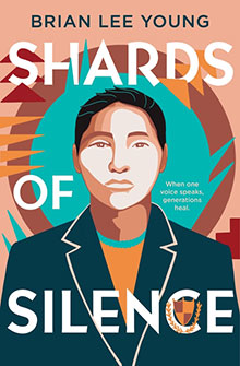 Book cover for "Shards of Silence" featuring an illustrated portrait of a person in a jacket with bold, colorful shapes.