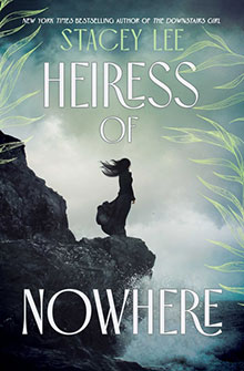 Silhouette of a woman standing on a rocky cliff under a cloudy green sky; text reads "Heiress of Nowhere.