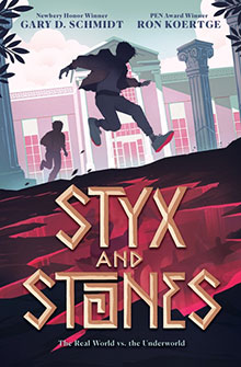A silhouette of a boy running toward a classical building above the title "Styx and Stones" in bold letters.