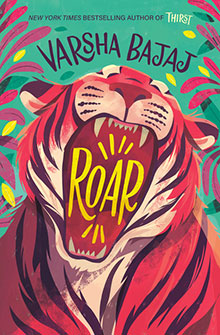 Illustrated roaring tiger with "ROAR" in its mouth; colorful leaves surround it; book by Varsha Bajaj.