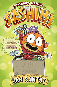 Cartoon fishboy pops out of a box labeled "Lost & Found" with toys and junk on a bright green background.