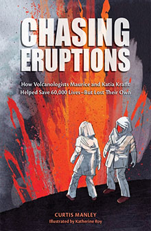 Book cover showing two figures in protective suits near erupting volcano, with large text "Chasing Eruptions.
