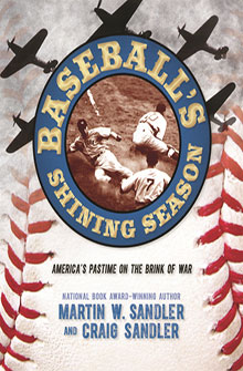 Book cover for "Baseball's Shining Season" with airplanes, baseball stitches, and players in sepia tones.