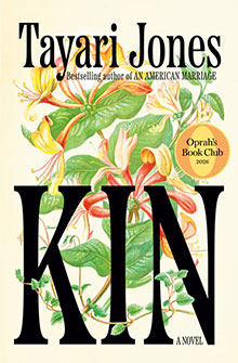 Book cover of "Kin" by Tayari Jones, featuring colorful flowers and an Oprah's Book Club 2024 badge.