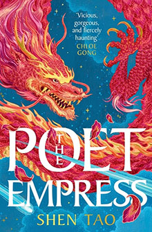 Book cover of "The Poet & the Empress" with a red dragon, flames, and petals on a blue background.
