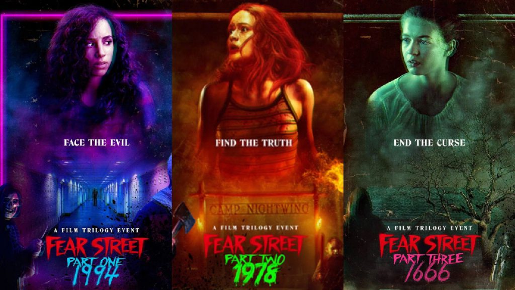 Three movie posters from the "Fear Street" trilogy: Part One (1994), Part Two (1978), and Part Three (1666).