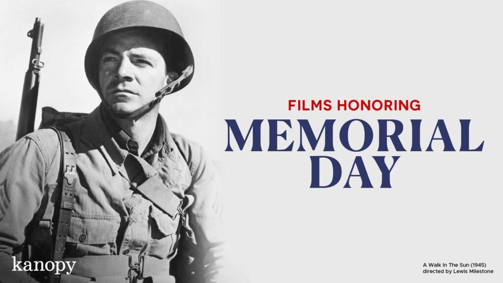 A soldier in uniform with "Films Honoring Memorial Day" text on a Memorial Day film promotion poster.