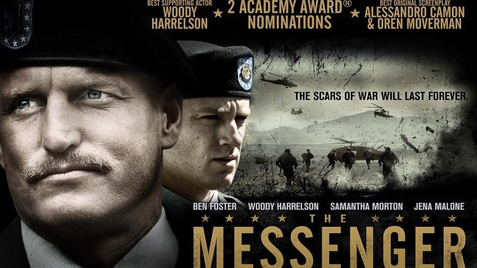 Movie poster for "The Messenger" showing two soldiers and war scenes, with award nominations and cast names.