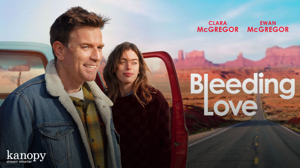 A man and woman stand by open car doors on a desert road; text reads "Bleeding Love" and actors’ names.