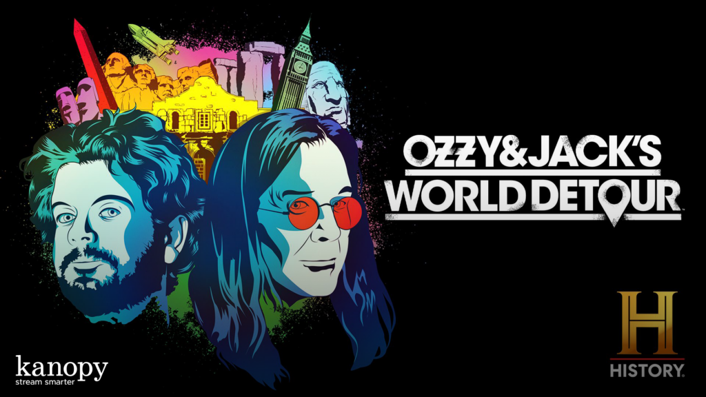 Colorful illustrated portraits of two men with landmarks and "Ozzy & Jack's World Detour" text on a black background.