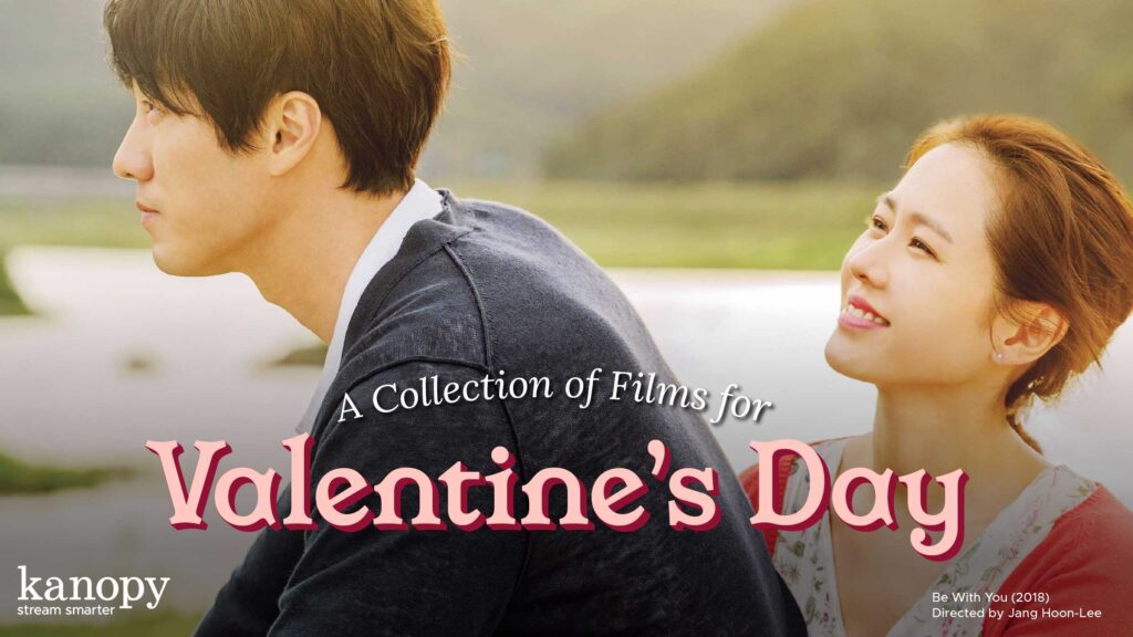 A woman smiles at a man outdoors, with text: "A Collection of Films for Valentine's Day.
