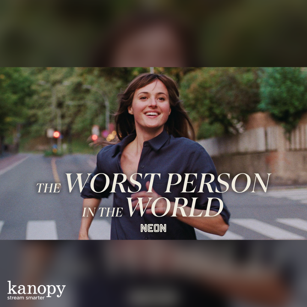 A smiling woman runs outdoors; overlaid text reads, "The Worst Person in the World.