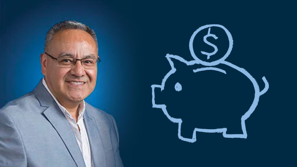 Smiling man in a gray suit next to a piggy bank icon with a coin on a blue background.