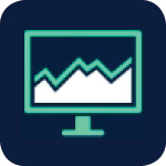 Icon of a computer monitor displaying a line graph with rising and falling peaks on a dark blue background.