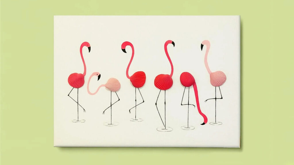 Artwork of five flamingos made with pink shells and drawn legs, on a white canvas with a light green background.